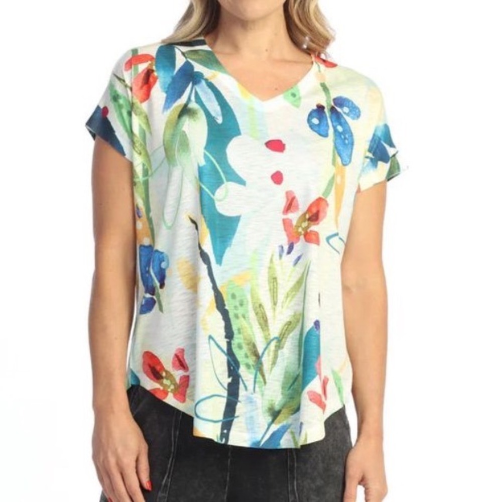 NEW Jess & Jane Women 2X Floral V-Neck Slub Knit Top "Lemonade" 60-2058